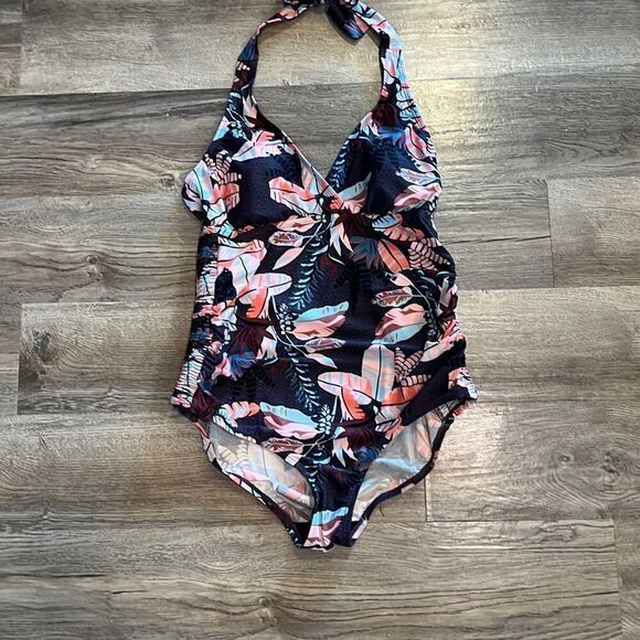 Motherhood Maternity Smocked Waist Halter One-Piece Swimsuit Medium - Picture 2 of 5